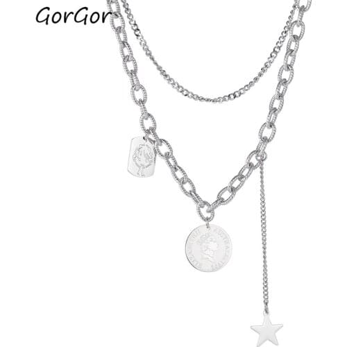 GorGor Necklace Women Stainless Steel Pattern Five-pointed Star Wafer Pendant Multilayer Chain Individuality Accessories TX-1797