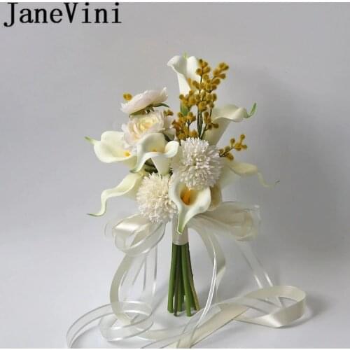 JaneVini Ivory White Artificial Bridesmaids Bouquets Korea Calla Lily Silk Flowers Wedding Bridesmaid Hand Bridal Bouquet 2019