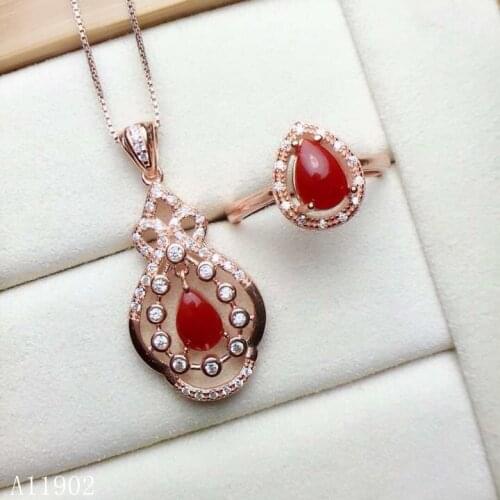 KJJEAXCMY exquisite jewelry 925 sterling silver inlaid natural red coral gemstone ladies luxury pendant necklace ring set suppo2