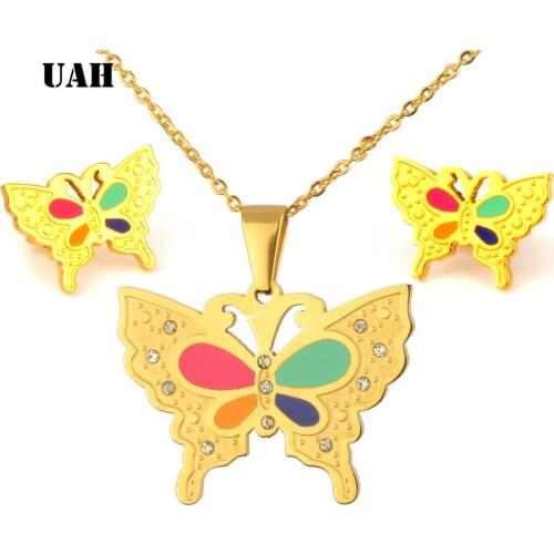 UAH Stainless Steel Jewelry Set Wedding Party Gold Color Enamel Zirconia Butterfly Boys Girls Necklace Earrings Sets For Woman