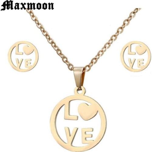 Maxmoon Forever Love Gold Color Heart Pendant Necklace Earrings Fashion Stainless Steel Chain Jewelry Sets For Girl