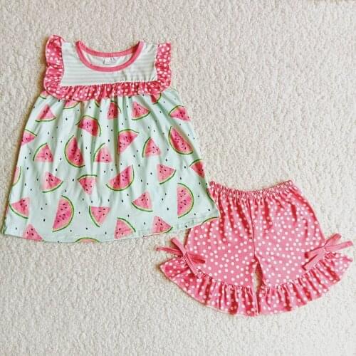 Watermelon Cute Summer Ruffle Boys and Girls Tunic Top Set Pink Polka Dot Shorts Boutique Outfits