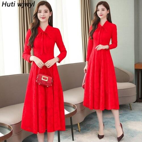 2021 Plus Size Solid Lace Boho Midi Dresses Autumn Winter Vintage Red Sexy Long Sleeve Dress Elegant Women Bodycon Party Vestido