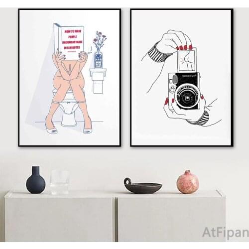 Cartoon Toilet Sexy Woman Canvas Prints Bar Girl Smoking and Reading Poster Bathroom Decor Picture Camera Minimalist Painting