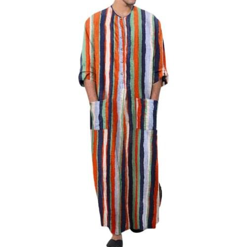Men Robe Autumn Gown Shirt Colorful Striped Pockets Single-breasted Round Neck Soft Long Shirt Three Quarter Sleeve Robes