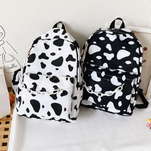 Nylon Backpack Students Girls Cow Letter Print Casual Shoulder School Book Bags Women Daily Travel Bagpack Rucksack w/ Small Pou