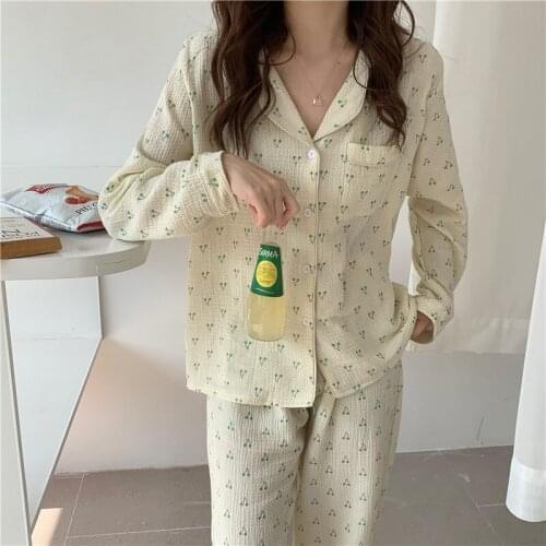 Autumn Long Sleeve Trousers Cotton Yarn Pajama Set Women Soft Breathable Homewear Sleepwear Girls Two-piece Pajamas Lounge Wear