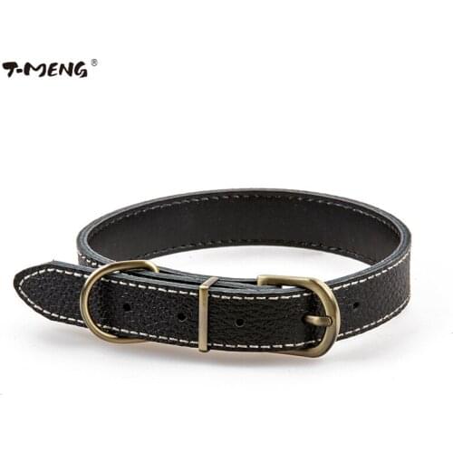 T-MENG Genuine Leather Pet Dog Collar Durable Chihuahua Small Dog Collar Adjustable Cat Collar Dog Necklace for Medium Large Dog