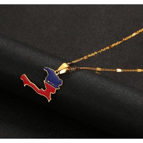 Stainless Steel Enamel The Republic of Haiti Map Pendant Necklace Gold Color Map Jewelry