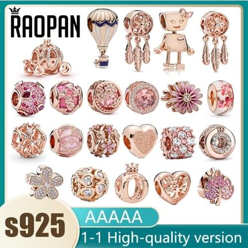 RAOPAN rose gold blue hot air balloon five-pointed star daisy cat eye charm beads 925 sterling silver jewelry fit original