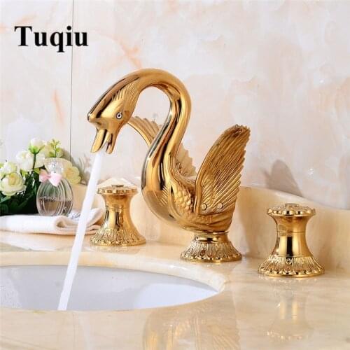Tuqiu Bathroom Basin Faucet Swan Widespread bath Mixers Gold laboratory mixer hot & cold widespread three holes sink faucet