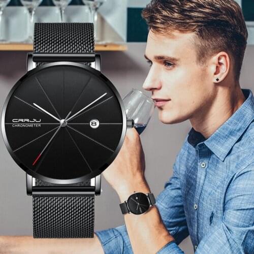 Top Luxury Brand CRRJU Men Watches Ultra Thin Mesh Strap Wristwatch Fashion Casual Date Display Quartz Watch Business Watch