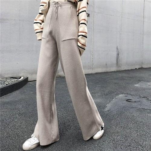 Knitted womens trousers autumn winter fashion chic high waist dangling slimming wide leg straight trousers women pants women