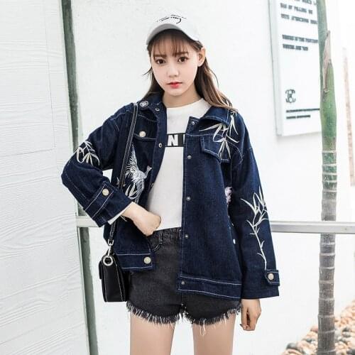 Jean jacket 2018 women Japanese style streetwear embroidered denim female blue bomber jacket with embroidery coat DD1523 S