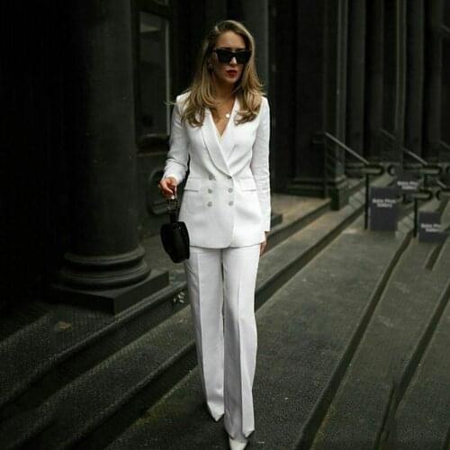 Womens White Formal Pant Suits For Women Office Ladies Double Breasted Blazer Pants Womens Work Pant Suit Costume Homme