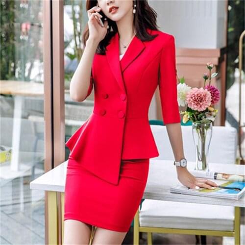 Fashion OL suit female summer New high quality large size irregular red Business blazer + skirt two-piece suit women