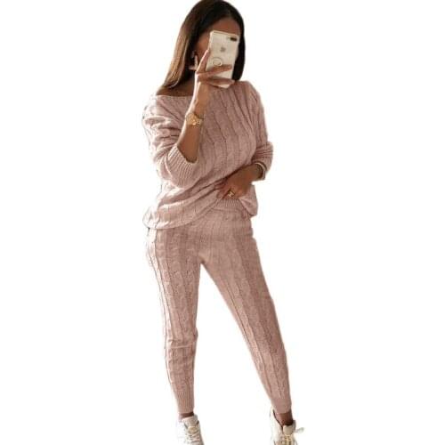 2019 knitted suit Winter Warm Suits two 2 piece set outfits for women Womans Solid Slash Neck Sweater + long Knitted pants Sets