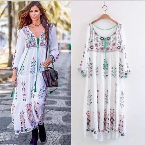 2020 women spring Vestido Bohemian Style wrist sleeves cotton line dress embroidery beach tassel O-neck A-line maxi dress