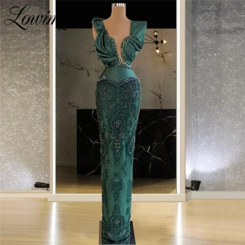 Dubai V Neck Green Evening Dress Beaded Crystal Formal Evening Gown Arabic Party Dress For Wedding 2021 Robe de Soiree Plus Size
