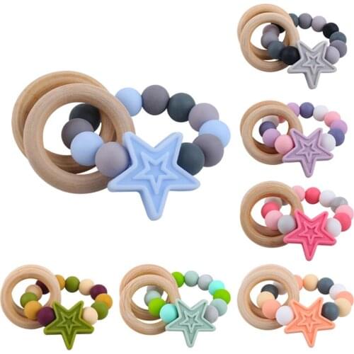 Baby Teether Baby Wooden Ring Molar Toy Five-pointed Star Colorful Beads Silicone Pacify Rattle Infants Molar Teether Toys Gifts