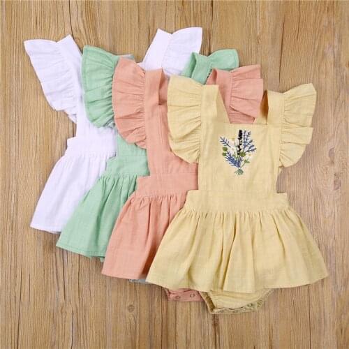 4 Colors Baby Girls Summer Rompers Cute Newborn Infant Girls Princess Ruffle Sleeve Flower Embroidery Romper Jumpsuits Dress