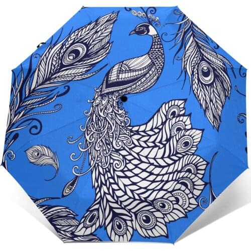 Automatic Umbrella Rain Women Three-folding Umbrella Peacock Bird Feathers Pattern Windproof Umbrella Female Waterproof parasol