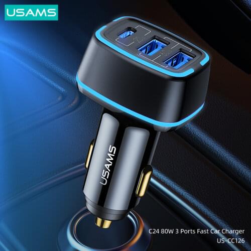 USAMS 80W High Power QC 3.0 PD Fast Charging Car Phone 12 Charger For iPhone Xiaomi Huawei Laptops Tablets 3 USB Ports Charger