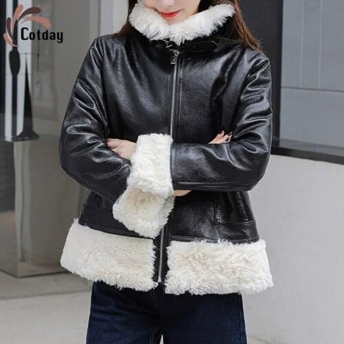 Cotday Short Lamb Fur Thick Genuine Fur Natural Leather Black Moto Turn-down Collar Zipper 2020 Fashion Women Jackets Fur Coat