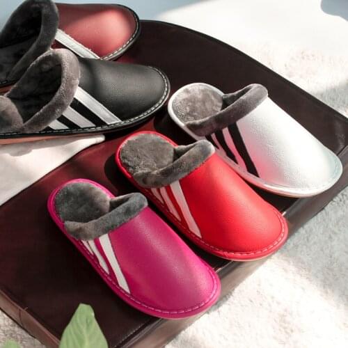 Japan Style Couples Genuine Leather House Slipper Classic Black White Style Warm Mens Indoor Slippers Soft Home Shoes