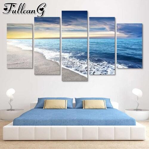 FULLCANG Calm sea natural scenery 5 piece diy diamond painting large full square round mosaic embroidery multi-picture FC2916