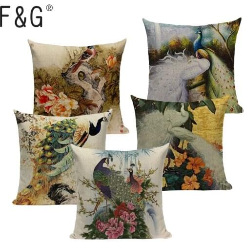 Chinese Classical Peacock Flower Decorative Cushion Covers Linen Colorful Peacock Throw Pillow Case for Sofa Car Seat Textile