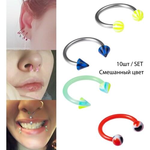 HONGTU 10PCS Horseshoe Ring Nose Septum Ring Stainless Steel Acrylic Cartilage Daith Helix Earring Circular Piercing Jewelry 16G