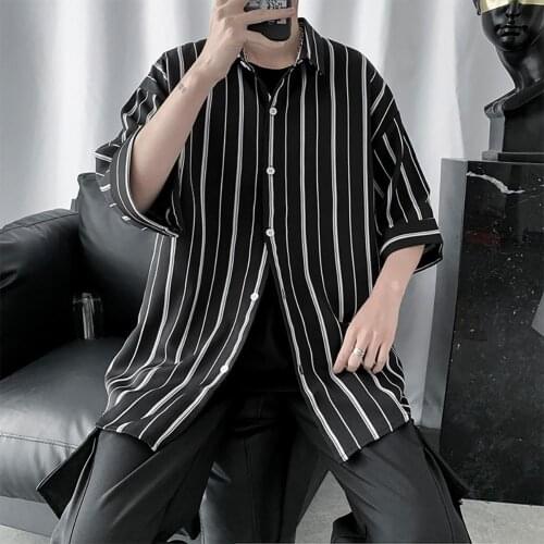 Fashion Striped Short Sleeves Turn-down Collar Drop-Shoulder Men Loose Top Shirt Mens Casual Short Sleeved Shirt