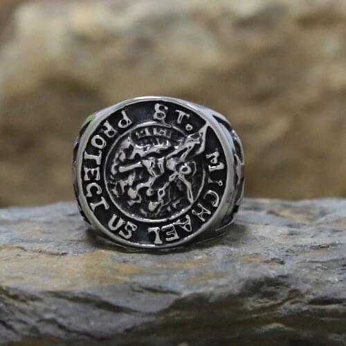 Personality Cross St. Michael Signet Ring Men Boys Stainless Steel Good Lucky Talisman Religious Biker Ring Fashion Jewelry Gift