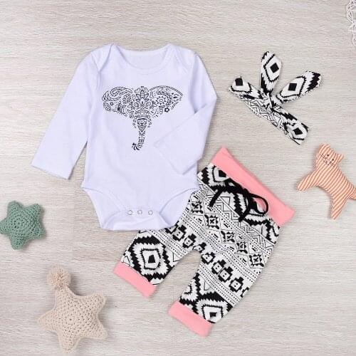 Autumn winter baby romper Baby kids christmas sets elephant print Romper+geometry pants+Headband Bodysuits Outfits Clothing Sets