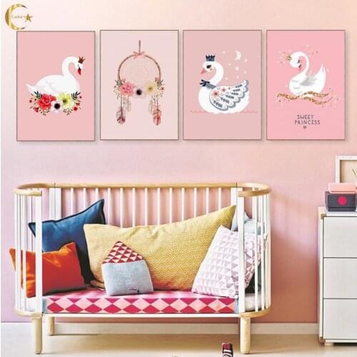 Little White Swan Posters and Prints Pink Nursery Flower Wall Art Picture Gold Crown Canvas Painting Princess Room Bedroom Decor