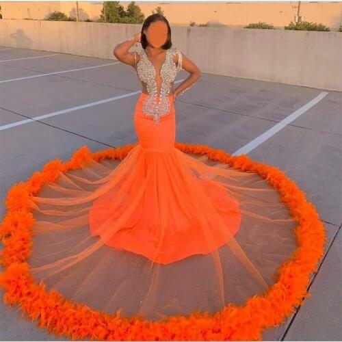 Share to be partner Compare with similar Items New Arrival Orange Mermaid Prom Dresses Lace Beads Crystal Feather Formal