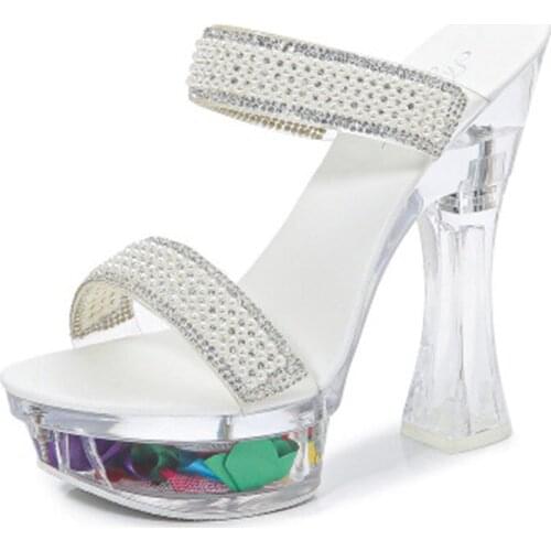 Transparent super high heel 14cm square heel summer female waterproof platform pearl sexy model slippers