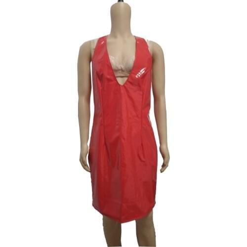 Womens pvc faux Leather Wetlook Dress Sexy deep-V sleeveless split zip party dress Night Party Clubwear Performance