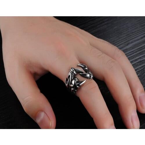 Adjustable Vintage Punk Drogan paw Ring Men Chunky Copper Alloy Biker Rock Rap Embrace Skeleton Head Ring Gothic Jewelry