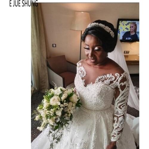 E JUE SHUNG Luxury Long Sleeves Wedding Dresses Sheer Scoop Neck Beading Sash African Ball Gown Wedding Gowns robe de mariee