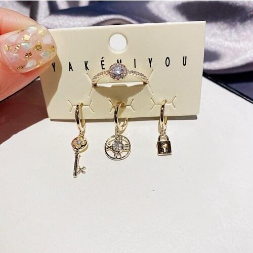 MIGGA 4pcs Mix Cubic Zircon Key Lock Huggie Earrings CZ Stone Ring Gold Color Plated Jewelry Set for Women
