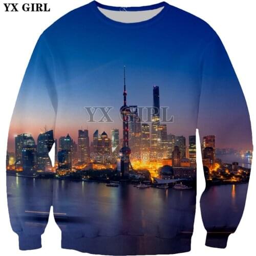 YX GIRL Drop shipping shanghai china buildings light 3d Print O-Neck Pullovers 2018 New style Fashion Mens Womens Sweatshirt