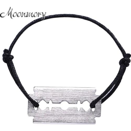 Moonmory France Famous Brand Jewelry 925 Sterling Silver De Rasoir Blade Razor Bracelet With Black Rope Adjustable Bracelet
