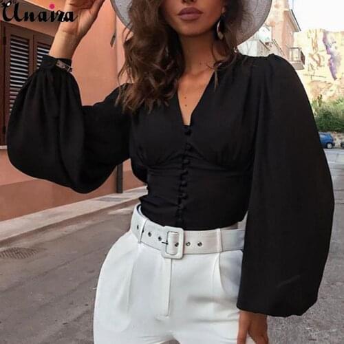 Unaiza Female Sexy Shirt Single-Breasted Lantern Sleeve Waist Solid Color Shirt Deep V Womens Casual New Fashion Elegant Top