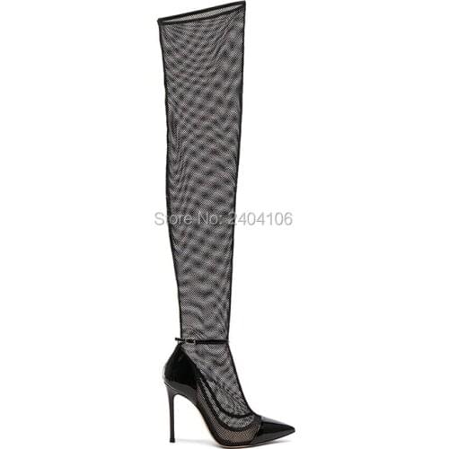 Plus Size 41-43 Ladies Summer Shoes Pointed Toe Sexy Thin High Heels Gladiator Long Sandalias Ankle Buckle Mesh Thigh High Boots