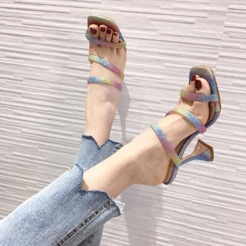 2020 New Summer Shoes Women Slides Square Toe Sandals Ladies Rainbow Glitter High Heels Slippers Female Fashion Shoes