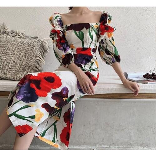 2020 summer retro square collar dress temperament slim puff sleeve floral print dress court morality