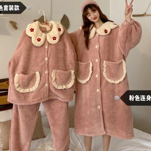 Winter Pajamas Women Lounge Cartoon Pijama Women Thick Robes Floral Cotton Sleepwear Pink Coral Fleece Women Home Clothes
