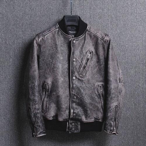 2019 mens japanese vintage real leather jacket rub color sheepskin baseball jacket men stand collar leather coat male